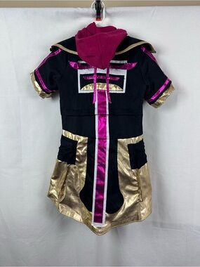 Kids Black Hooded Costume Dress with Gold and Fuchsia Accents